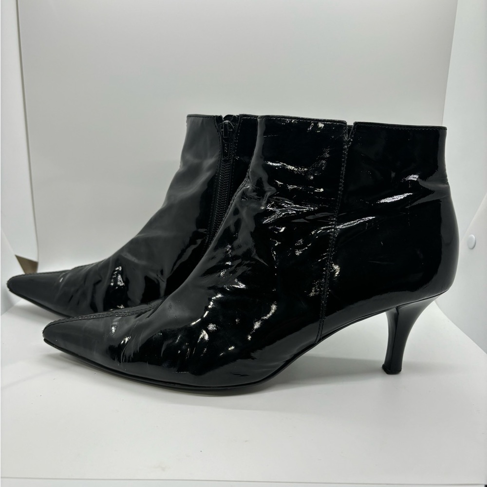 GABOR Vintage black patent leather pointed toe notched ankle witch boots booties